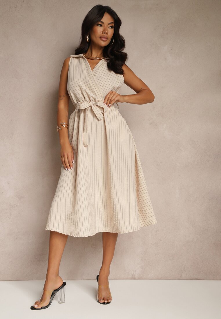 new collection Rochie Cămașă Bej Fără Mâneci cu Cordon Lideene