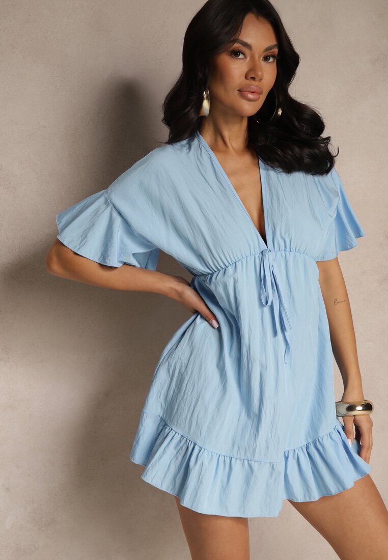 new collection Rochie Cloș Albastru deschis din Viscoză cu Mâneci tip Liliac și Volan Nellimi
