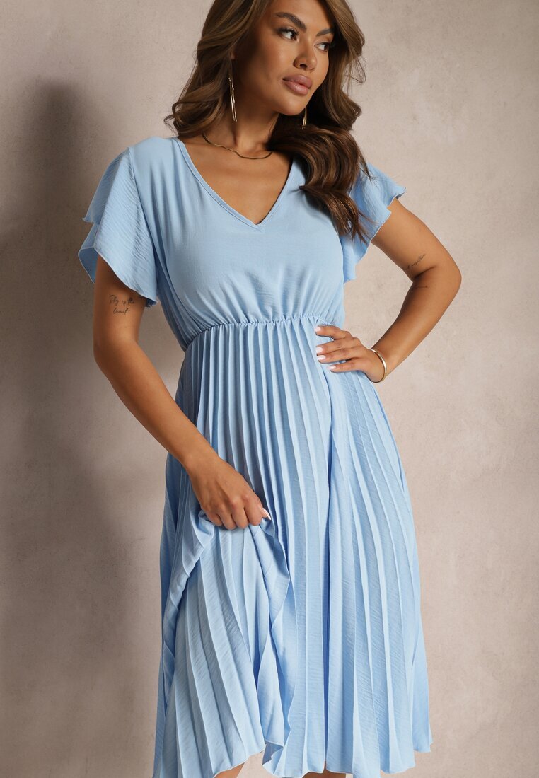 new collection Rochie Evazată Albastru deschis cu Pliuri și Decolteu în V Rissari