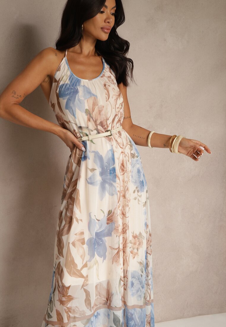 new collection Rochie Florală Bej Din plasă cu Viscoză Izurelia