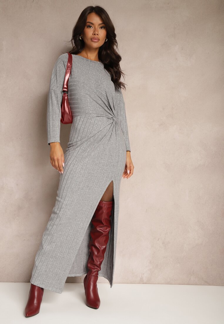 new collection Rochie Gri cu Viscoză Fir Metalic și Nod Asimetric Elloritia