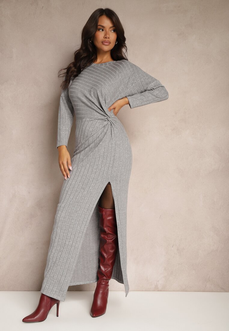 new collection Rochie Gri cu Viscoză Fir Metalic și Nod Asimetric Elloritia