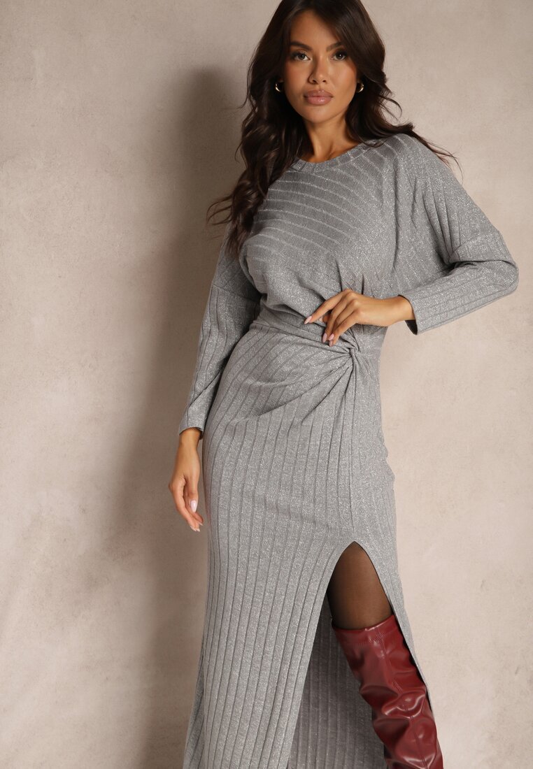 new collection Rochie Gri cu Viscoză Fir Metalic și Nod Asimetric Elloritia