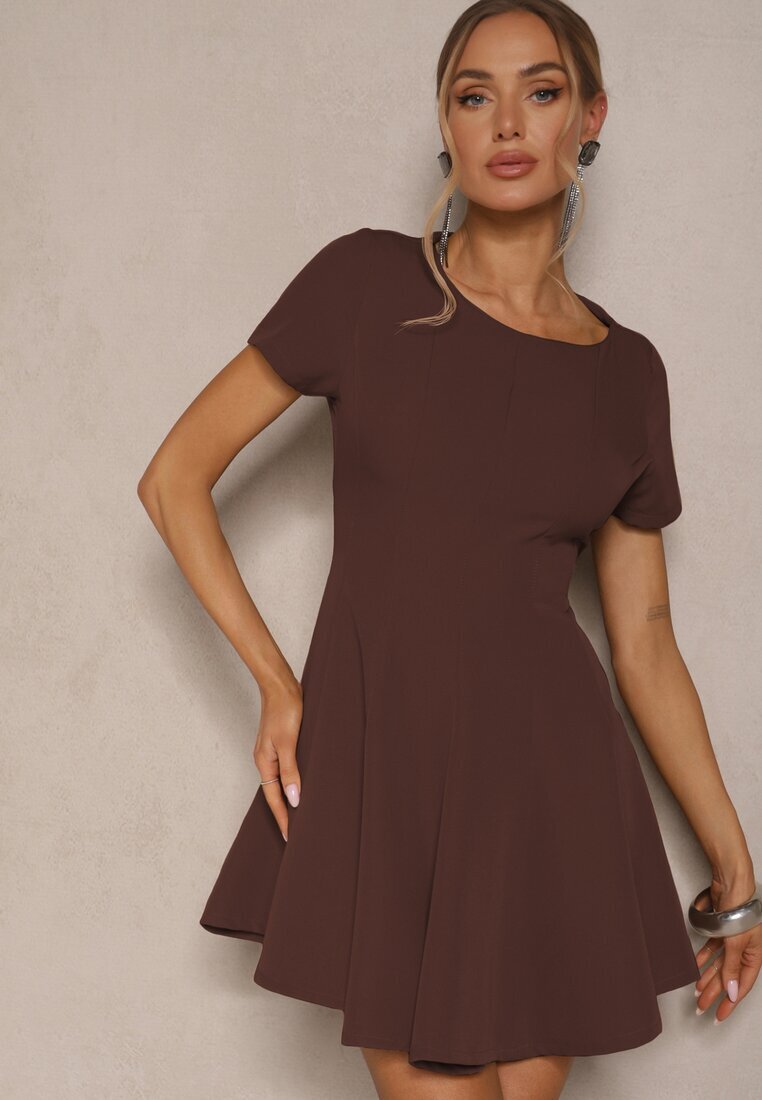 new collection Rochie Maro cu Croială Evazată cu Mânecă Scurtă Decorată cu Cusături Mepiza