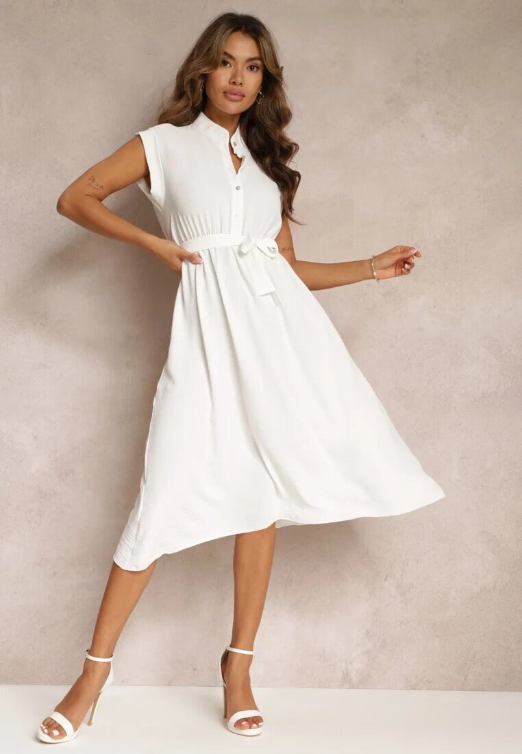 new collection Rochie Midi Albă cu nasturi și curea textilă Nylalik
