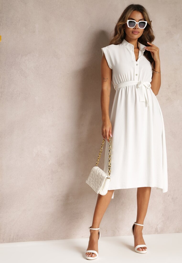new collection Rochie Midi Albă cu nasturi și curea textilă Nylalik