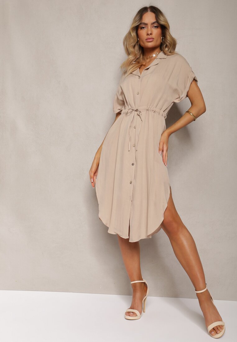 new collection Rochie Midi Bej din Viscoză cu Nasturi și cu Șnur Blamise