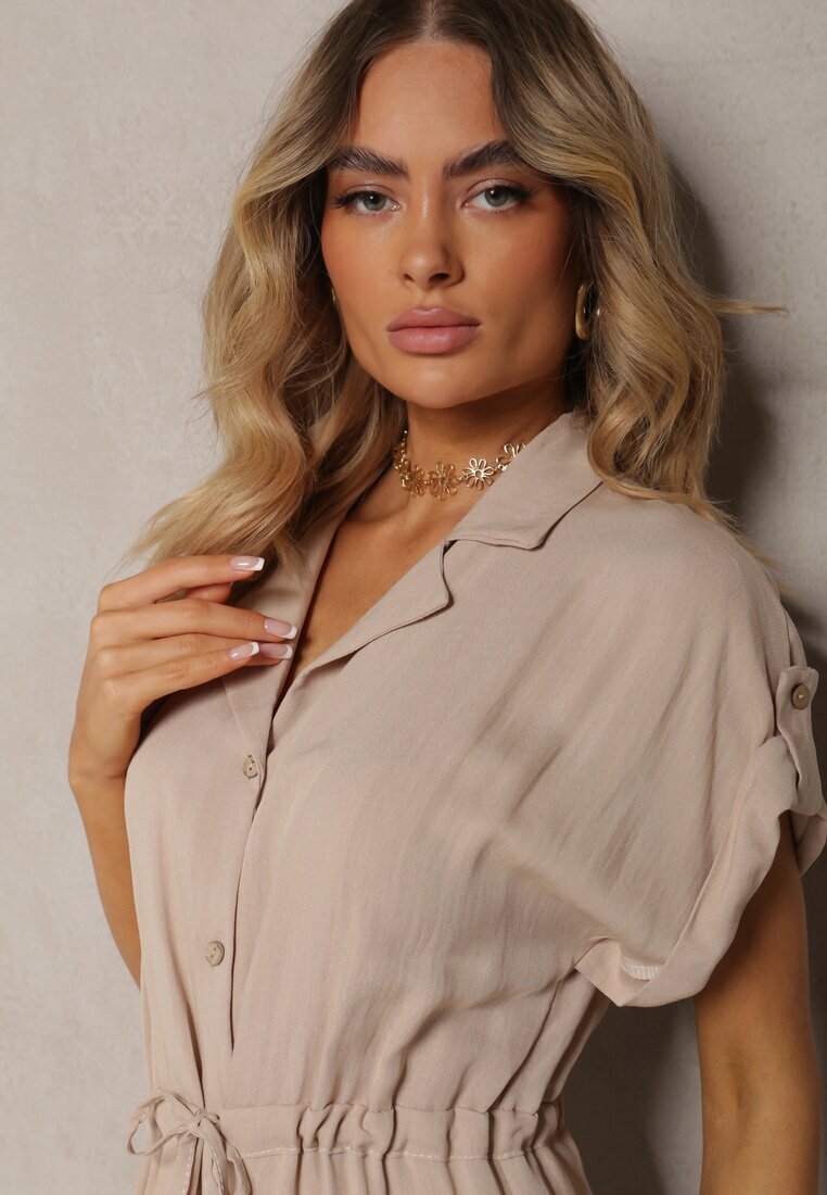 new collection Rochie Midi Bej din Viscoză cu Nasturi și cu Șnur Blamise