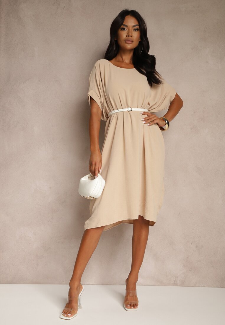 new collection Rochie Mini Bej cu Croială tip Liliac și Decolteu Rotund Maglia