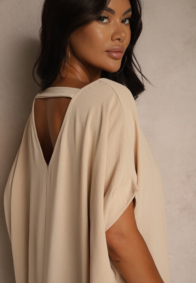 new collection Rochie Mini Bej cu Croială tip Liliac și Decolteu Rotund Maglia