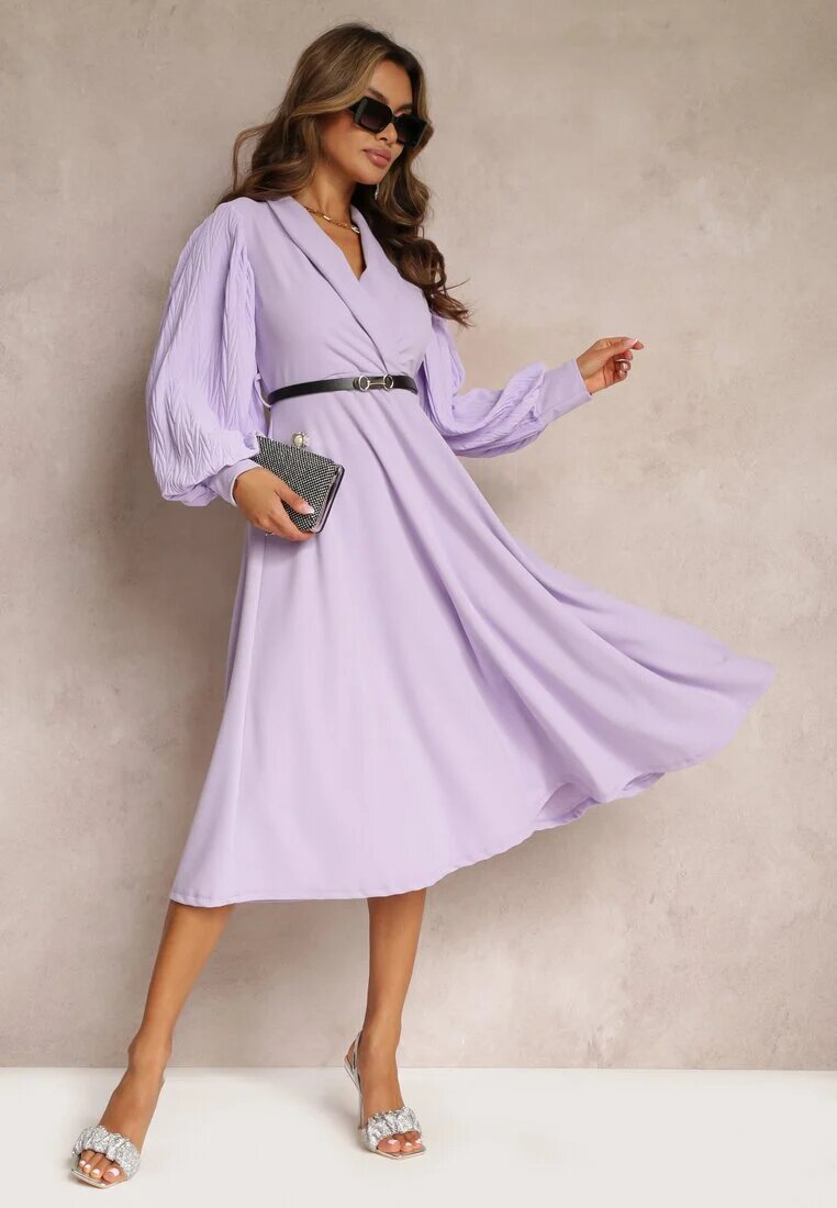 new collection Rochie mov evazată cu centură și mânecă lungă Malaiyah