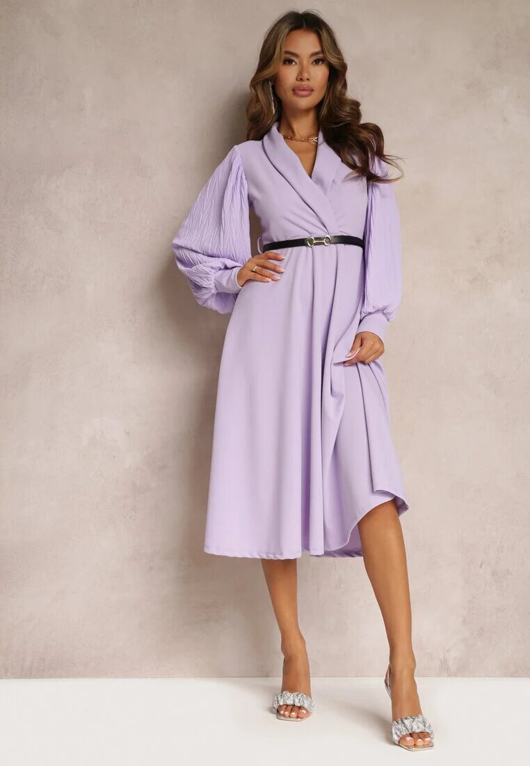 new collection Rochie mov evazată cu centură și mânecă lungă Malaiyah