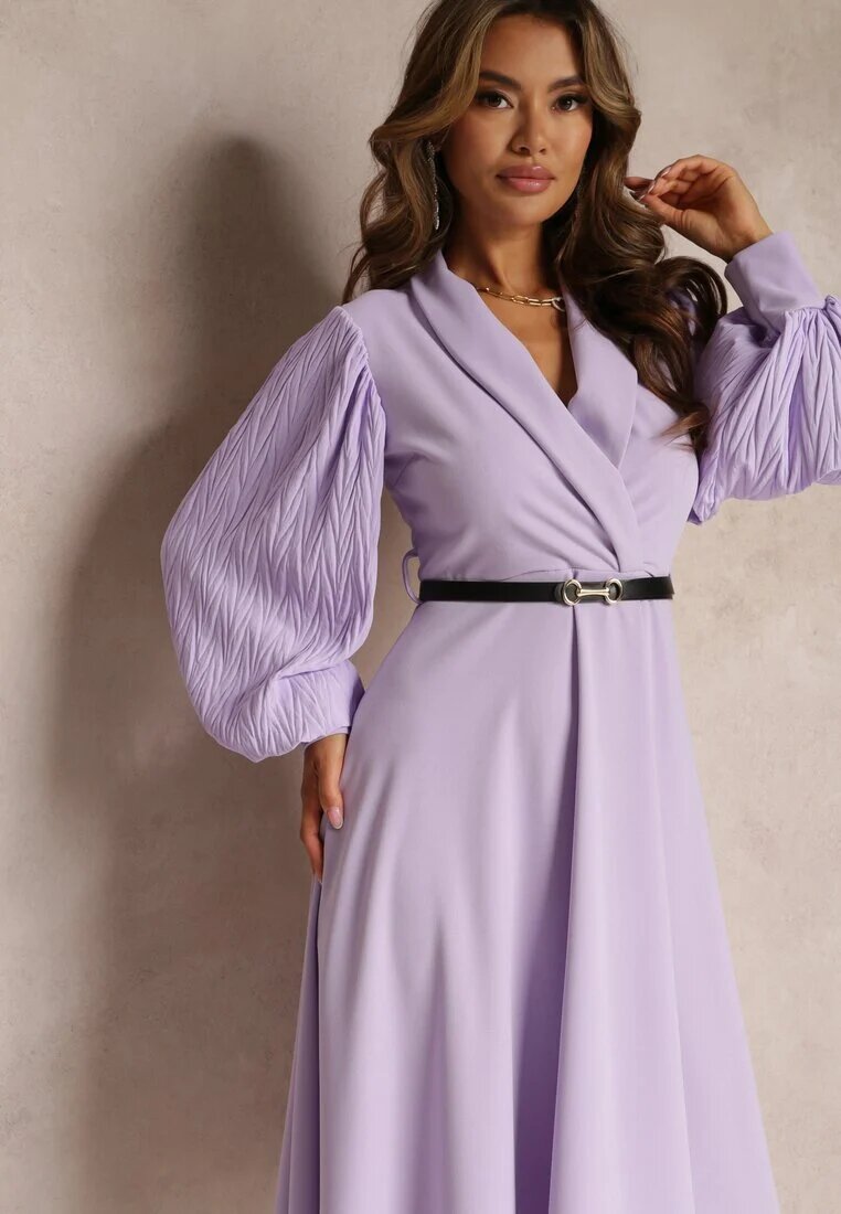 new collection Rochie mov evazată cu centură și mânecă lungă Malaiyah
