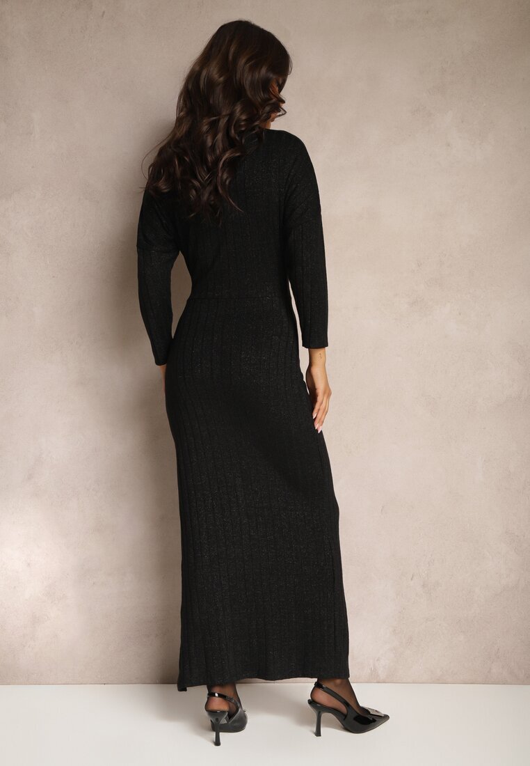 new collection Rochie neagră din vâscoză cu fir metalic și nod asimetric Elloritia