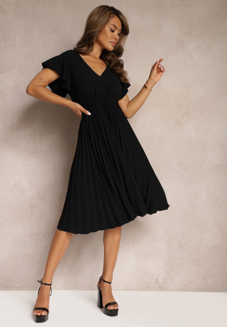 new collection Rochie Neagră Evazată cu Pliuri și Decolteu în V Rissari