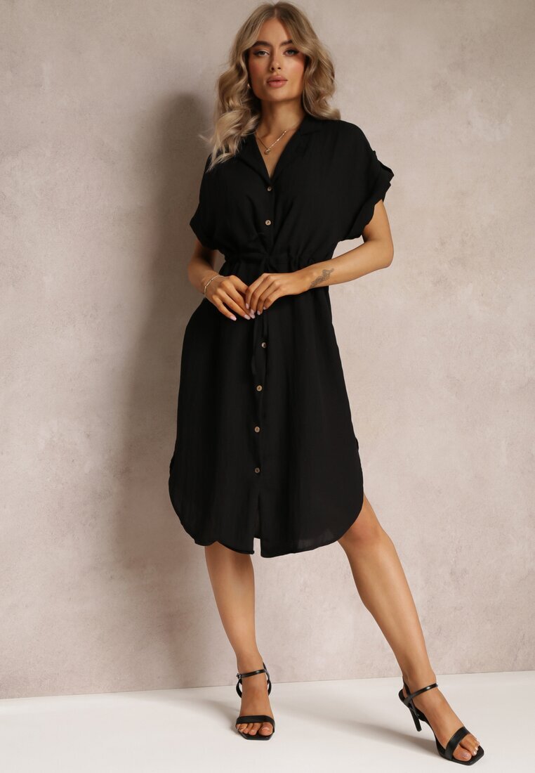new collection Rochie Neagră Midi din viscoză cu nasturi ajustabilă cu șnur Blamise