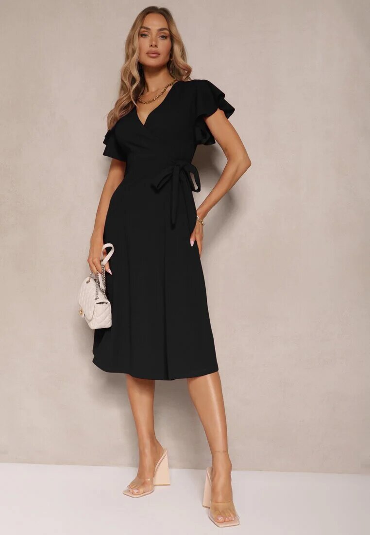 new collection Rochie Neagră Petrecută cu Poală Evazată și Legătură Decorativă Dannola