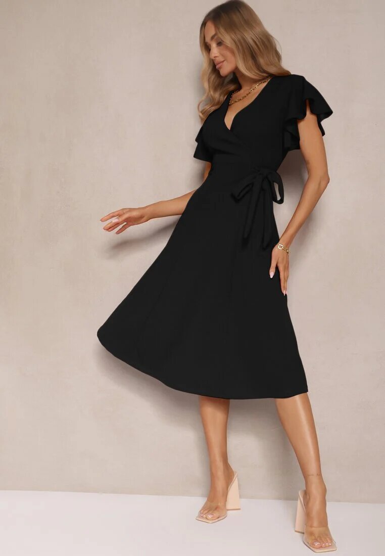 new collection Rochie Neagră Petrecută cu Poală Evazată și Legătură Decorativă Dannola