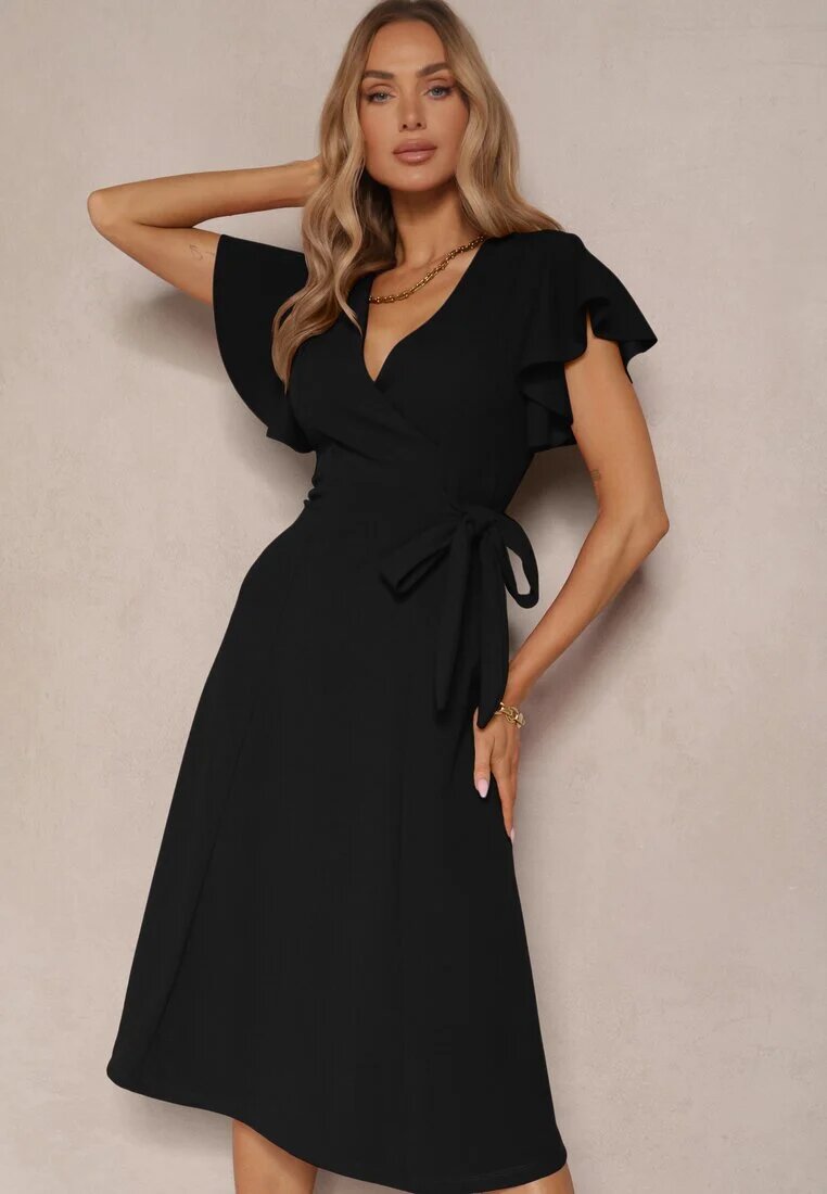new collection Rochie Neagră Petrecută cu Poală Evazată și Legătură Decorativă Dannola