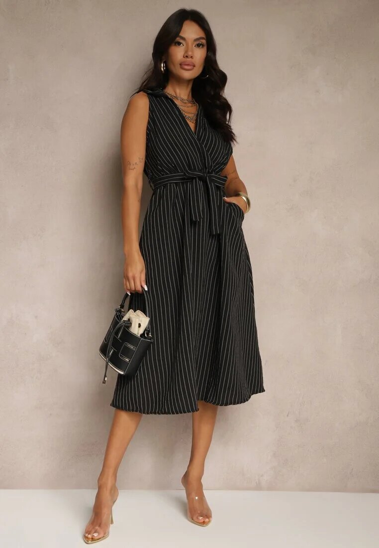new collection Rochie neagră tip cămașă fără mâneci cu cordon legat Lideene