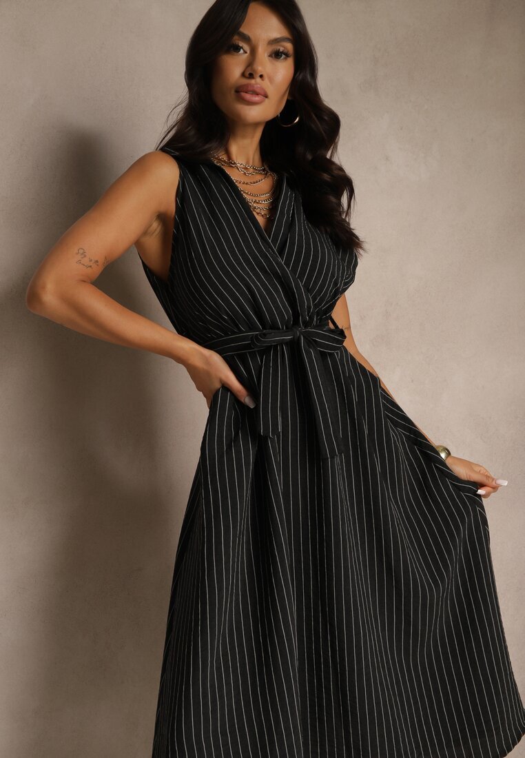 new collection Rochie neagră tip cămașă fără mâneci cu cordon legat Lideene