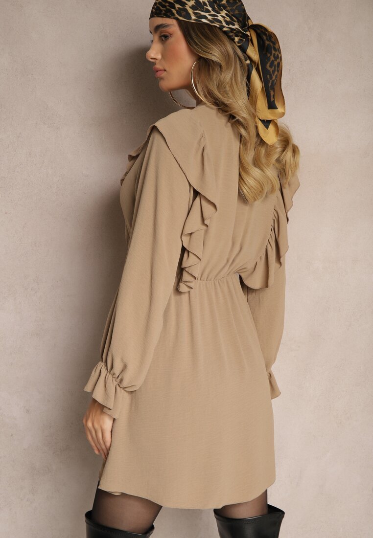 new collection Rochie petrecută bej închisă cu jabot decorată cu volane Melosia