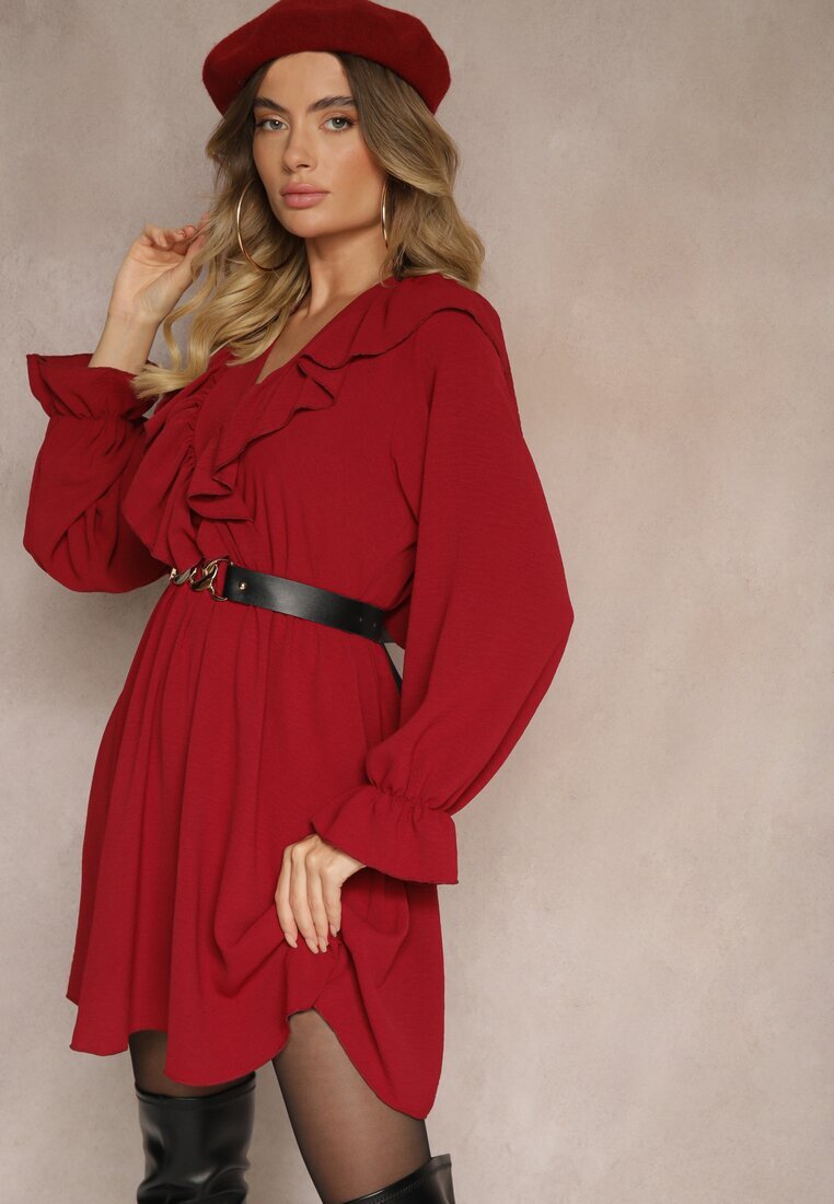 new collection Rochie Petrecută Bordo cu Jabor Decorată cu Volane Melosia