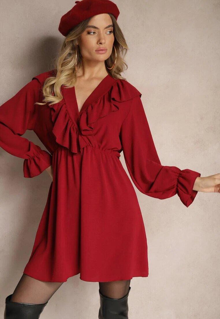 new collection Rochie Petrecută Bordo cu Jabor Decorată cu Volane Melosia