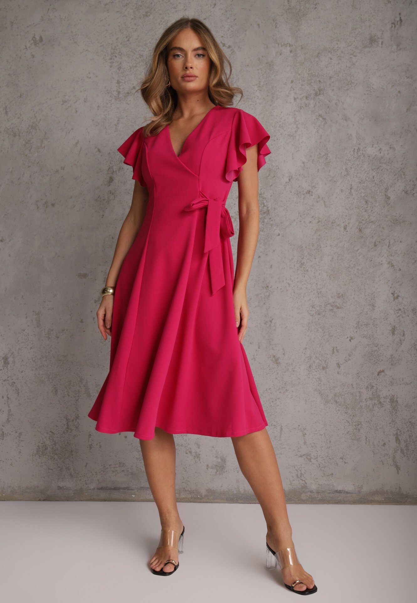 new collection Rochie petrecută Fucsia cu poale evazate și legătură decorativă Dannola