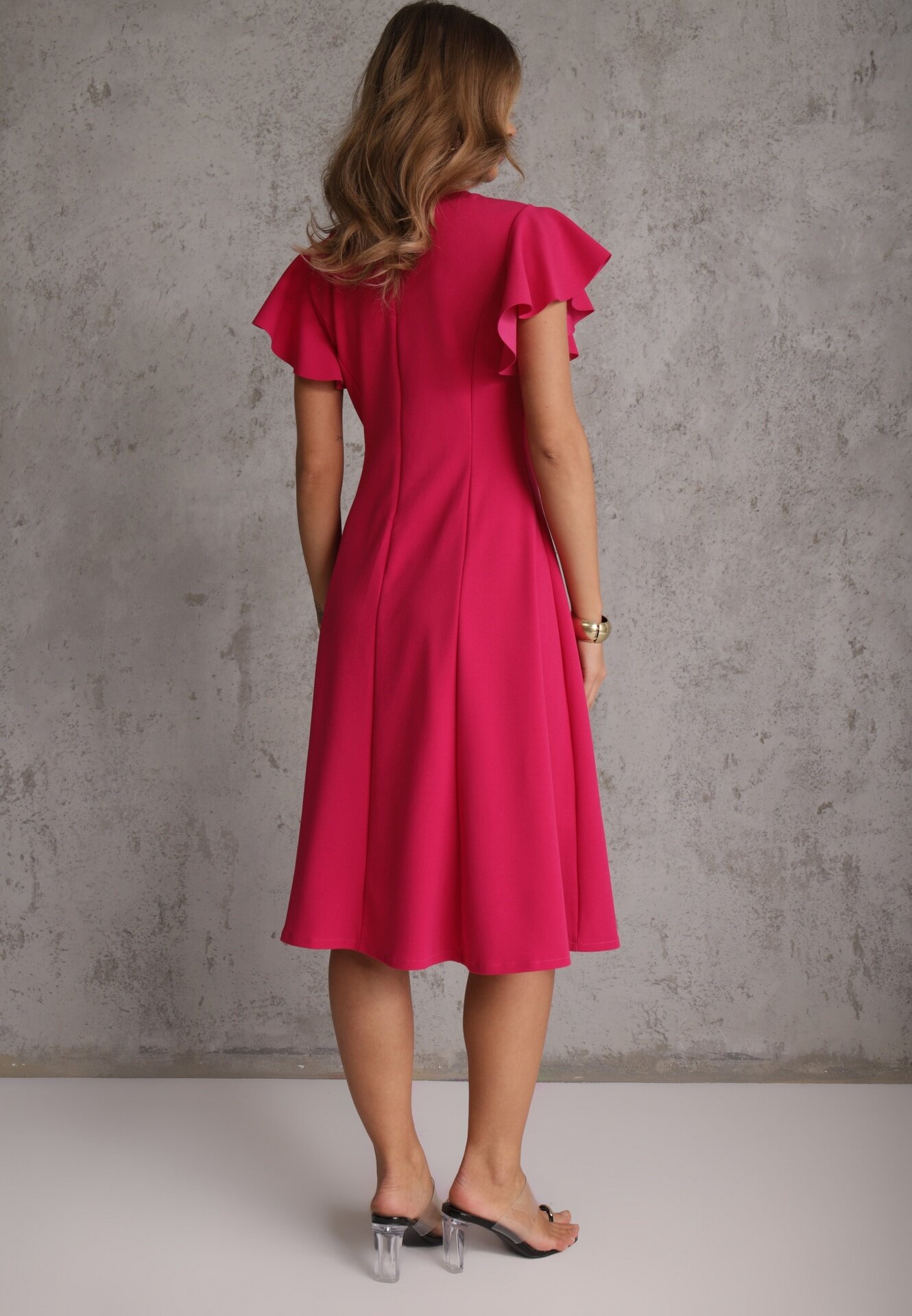 new collection Rochie petrecută Fucsia cu poale evazate și legătură decorativă Dannola