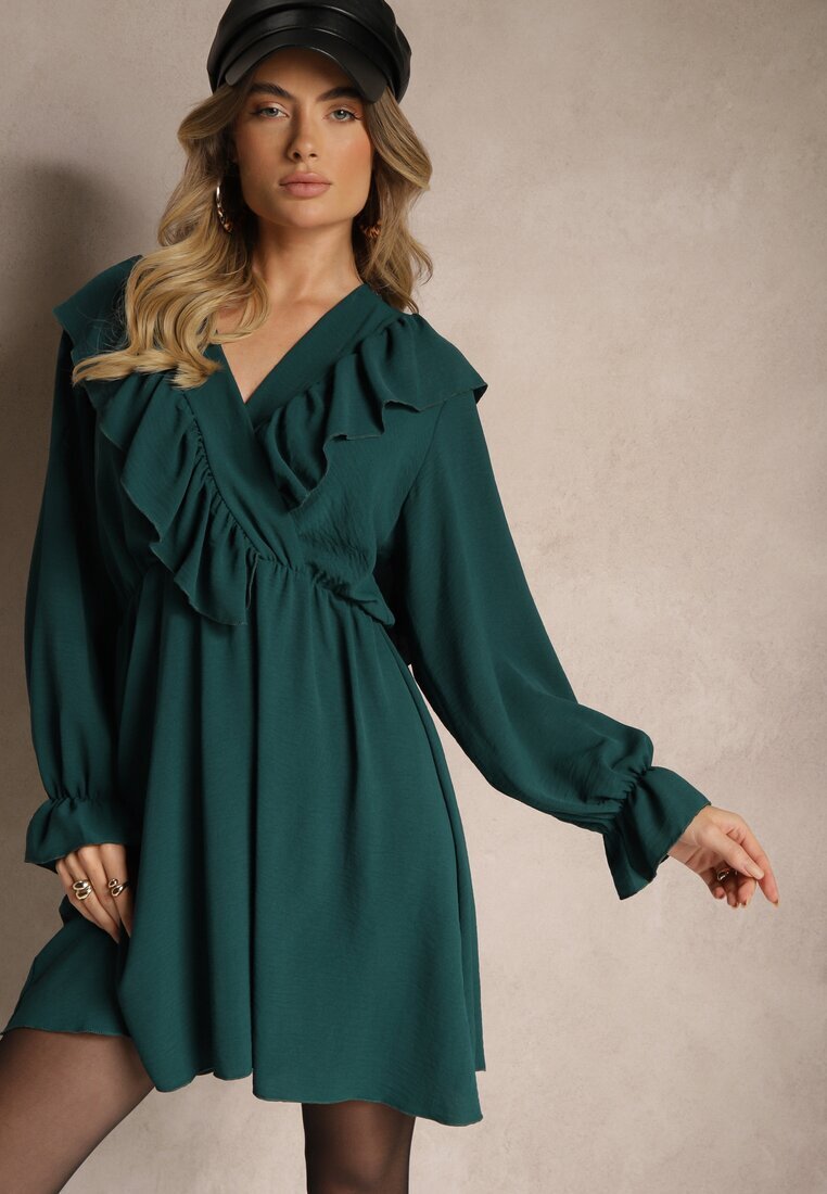 new collection Rochie petrecută verde închisă cu jabou și volane Melosia