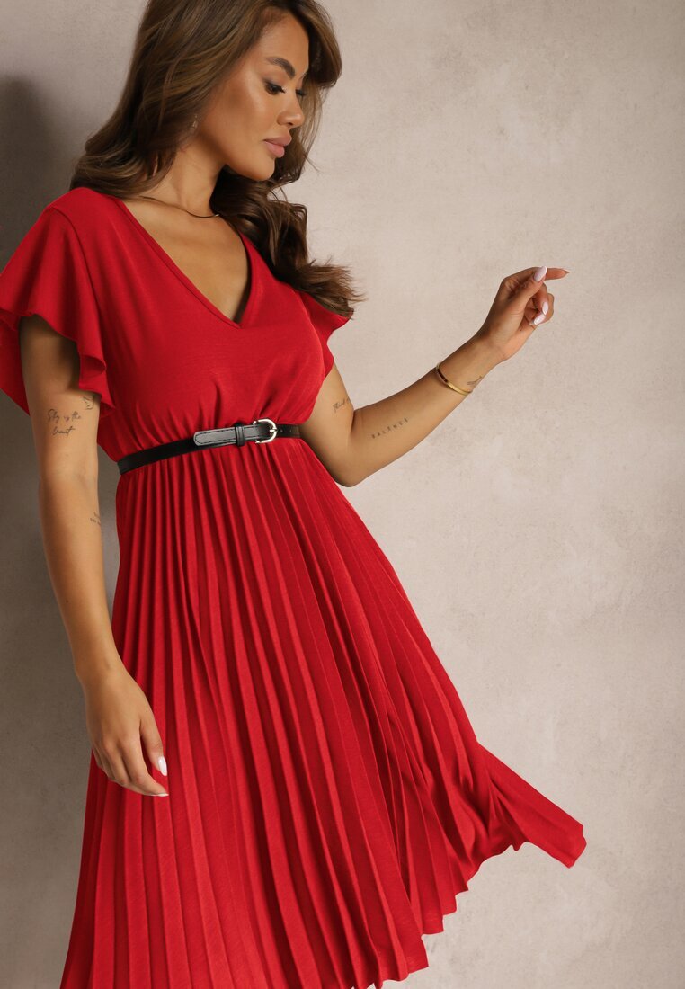 new collection Rochie Roșie Cloș cu Pliuri și Decolteu în V Rissari