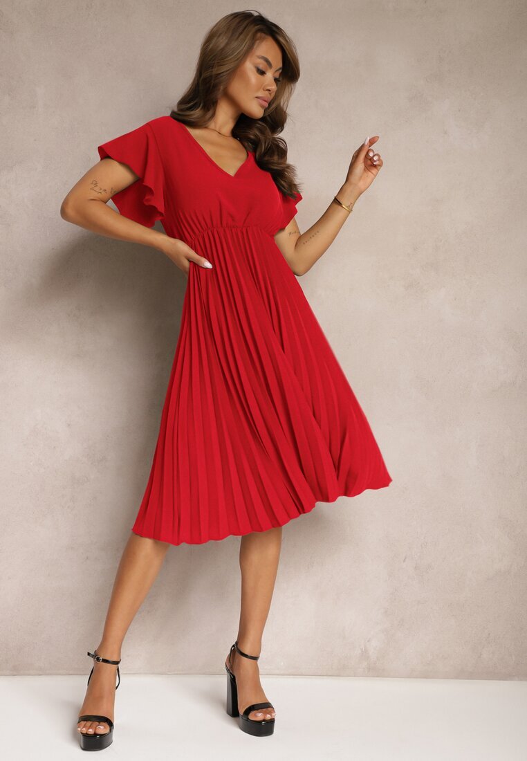 new collection Rochie Roșie Cloș cu Pliuri și Decolteu în V Rissari