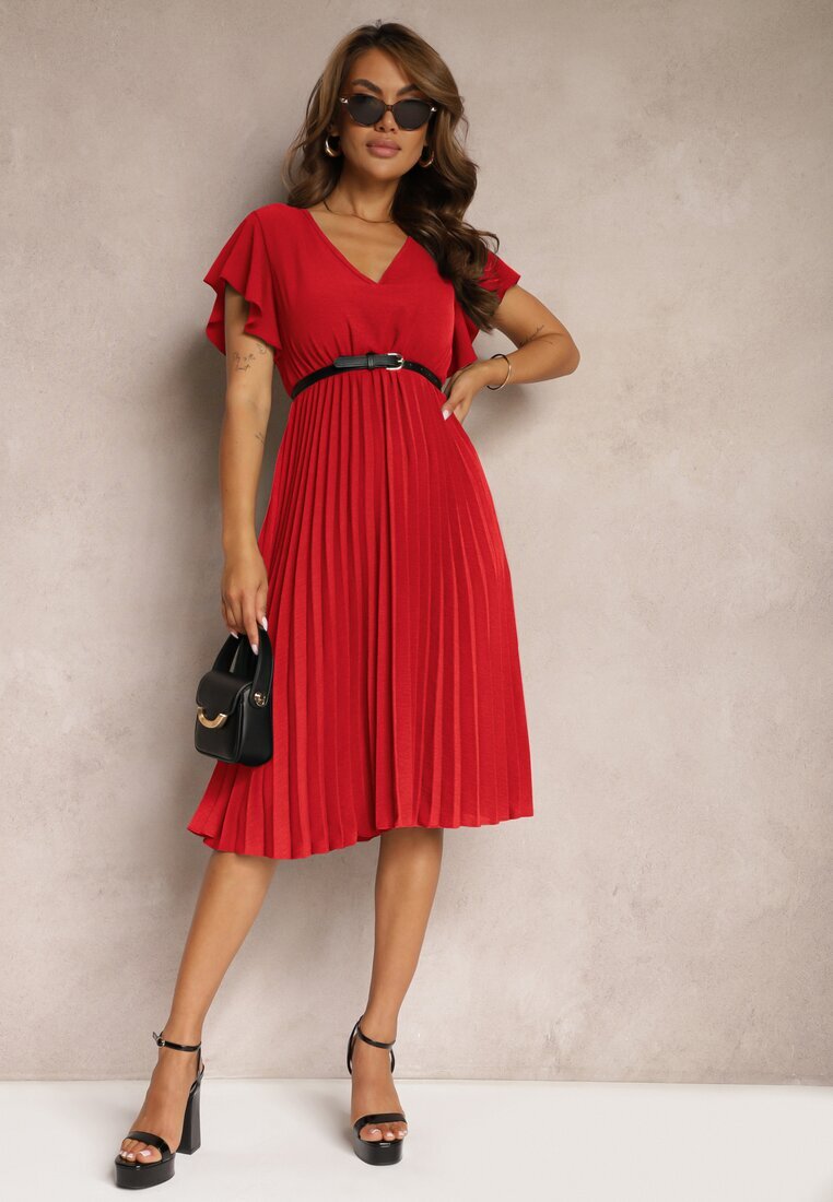 new collection Rochie Roșie Cloș cu Pliuri și Decolteu în V Rissari