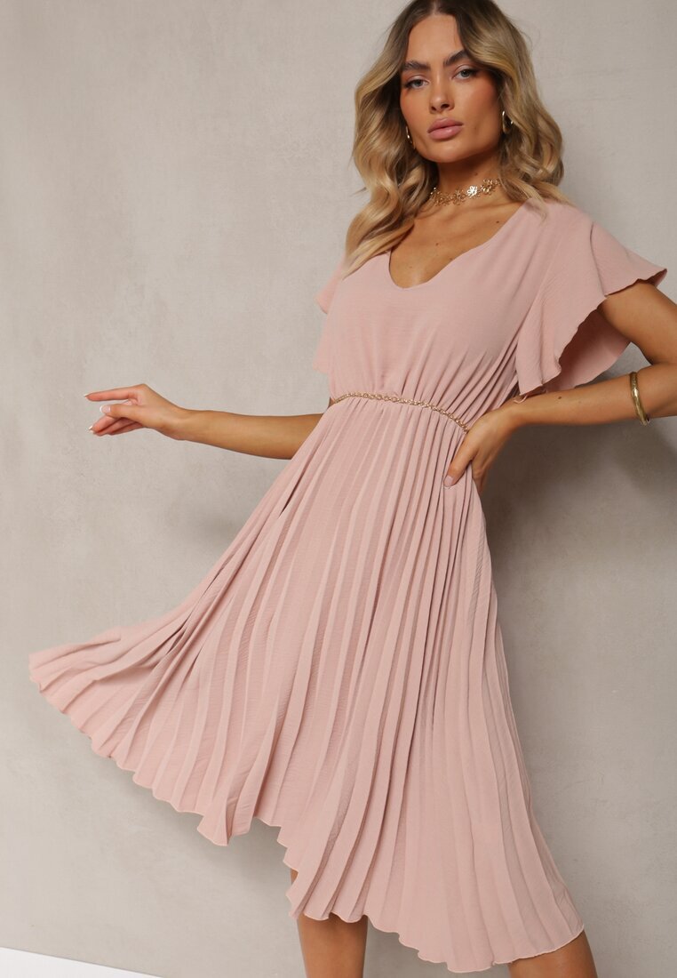 new collection Rochie Roz închis Cloche cu Pliuri și Decolteu în V Rissari