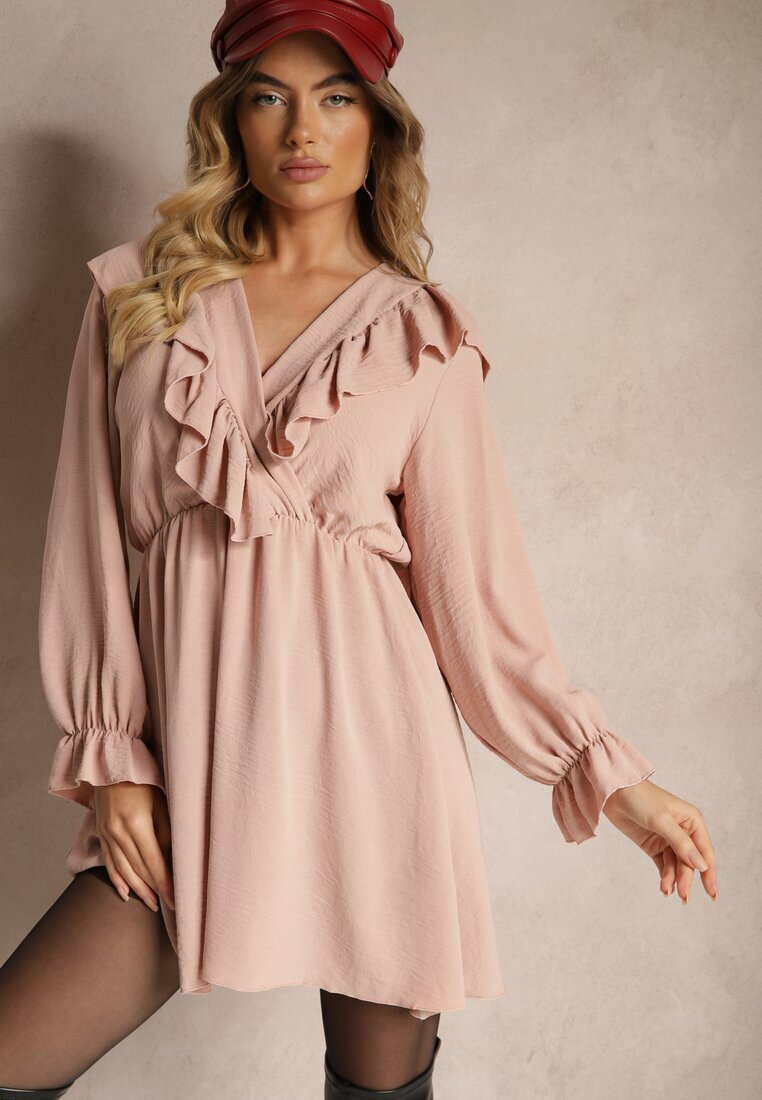 new collection Rochie Roză Petrecută cu Jabou Decorată cu Volănașe Melosia
