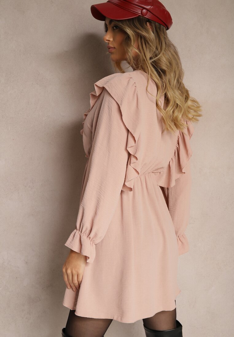 new collection Rochie Roză Petrecută cu Jabou Decorată cu Volănașe Melosia
