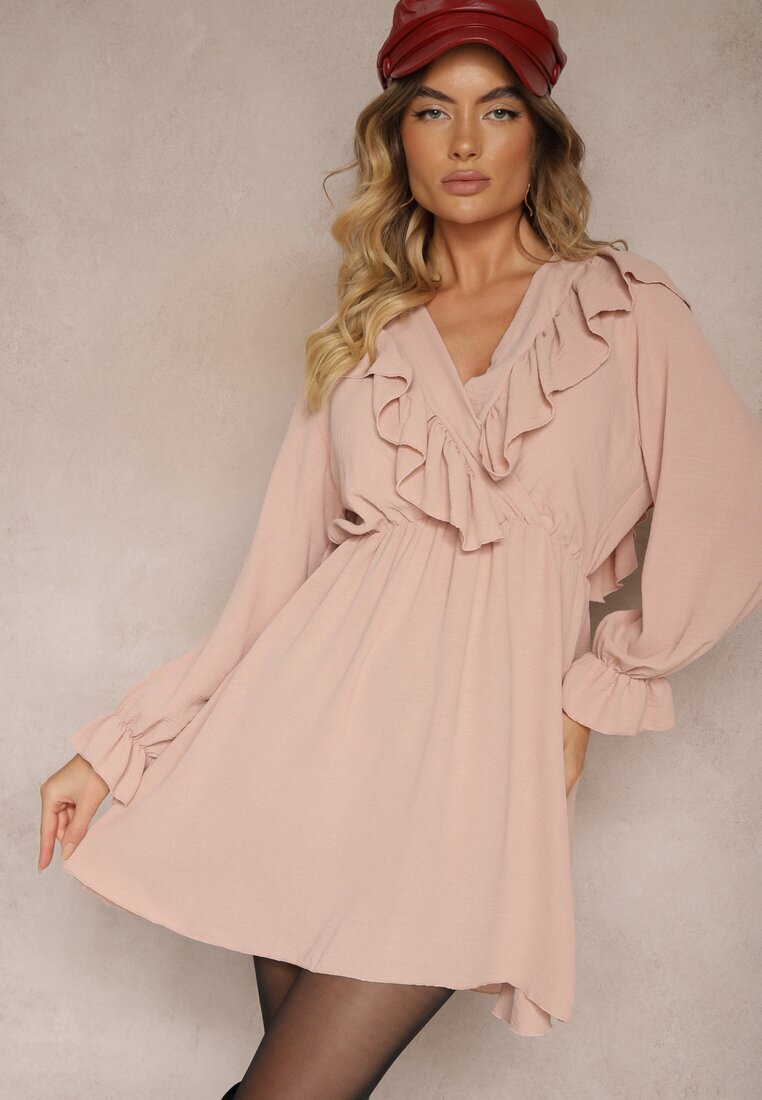 new collection Rochie Roză Petrecută cu Jabou Decorată cu Volănașe Melosia