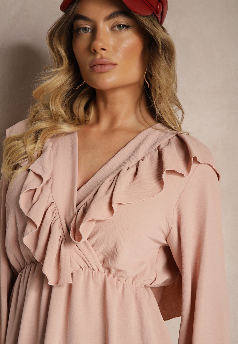 new collection Rochie Roză Petrecută cu Jabou Decorată cu Volănașe Melosia