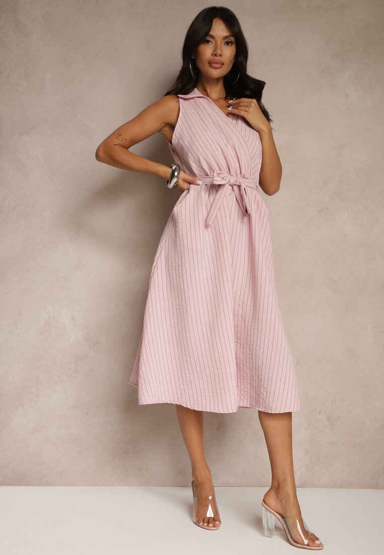 new collection Rochie Tip Cămașă Roz Fără Mâneci cu Cordon de Legat Lideene