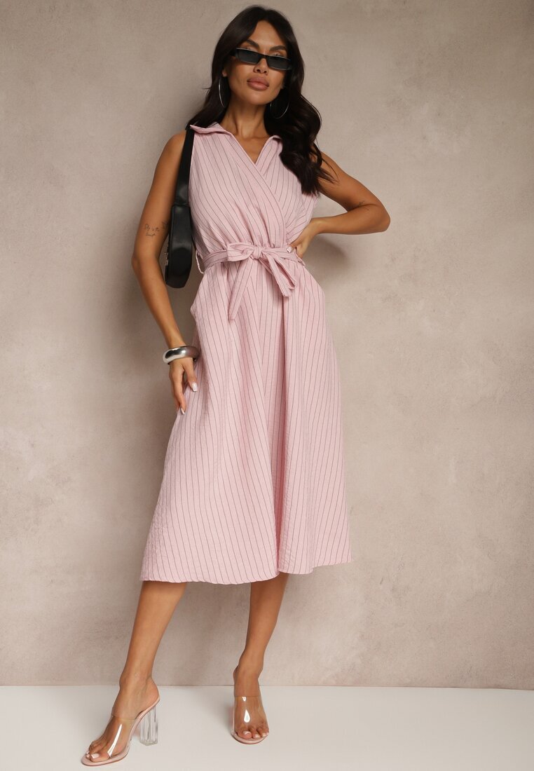 new collection Rochie Tip Cămașă Roz Fără Mâneci cu Cordon de Legat Lideene