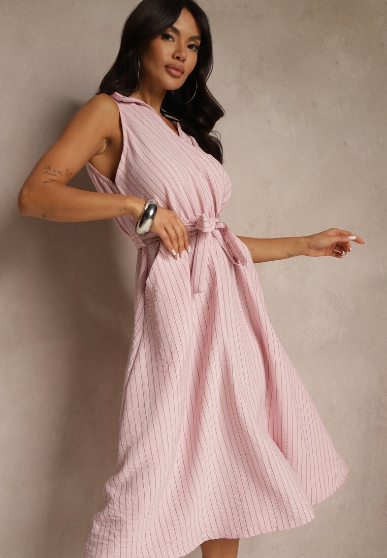 new collection Rochie Tip Cămașă Roz Fără Mâneci cu Cordon de Legat Lideene