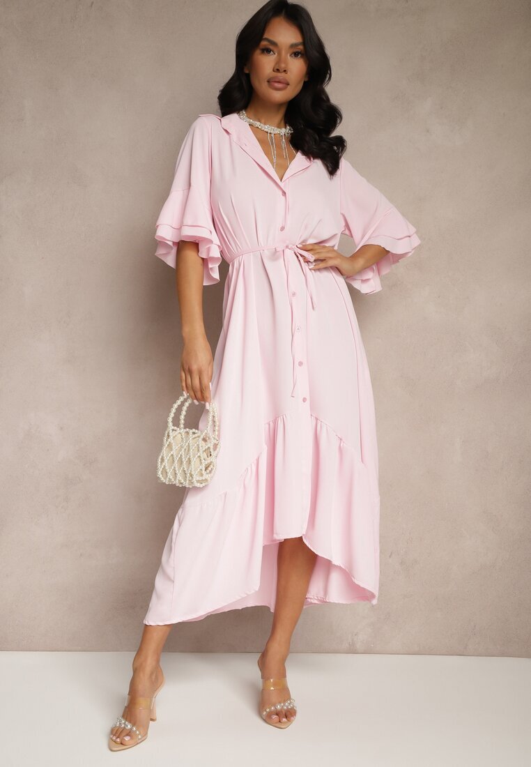 new collection Rochie tip cămașă Roză Decorată cu volan Ransara