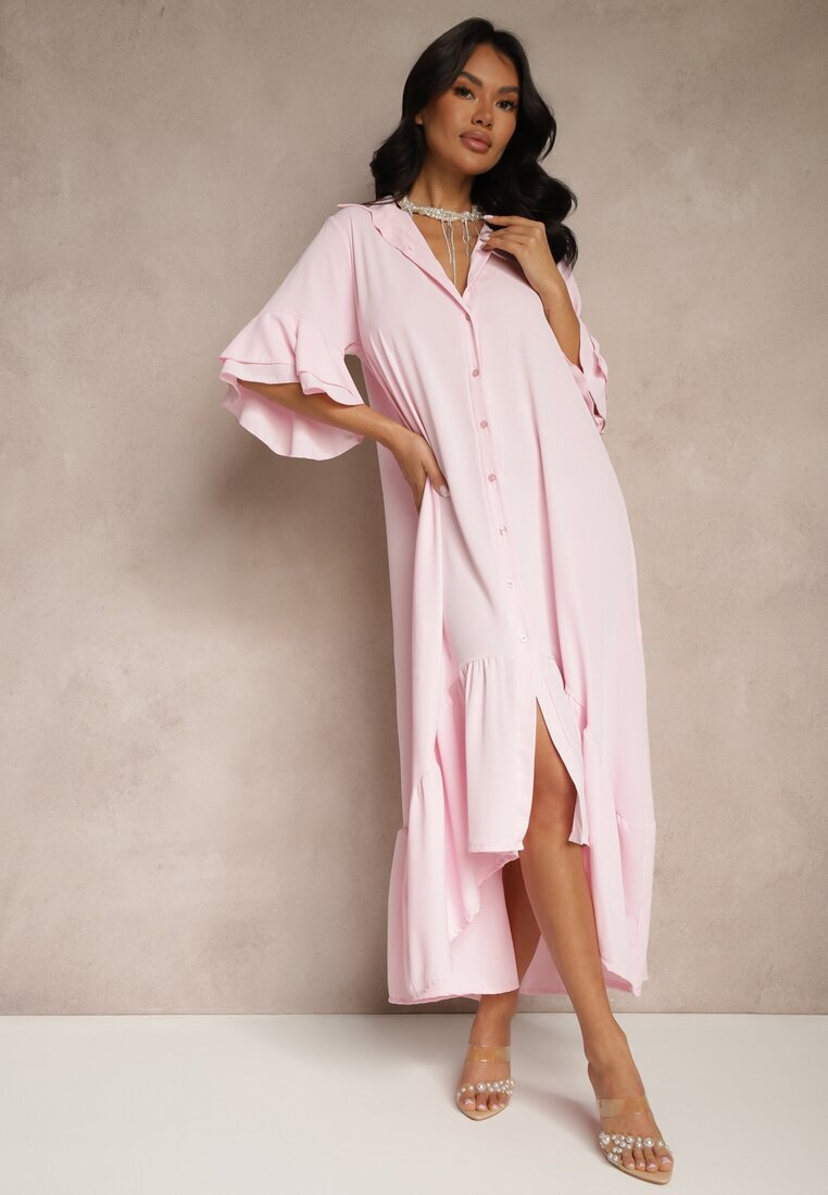 new collection Rochie tip cămașă Roză Decorată cu volan Ransara