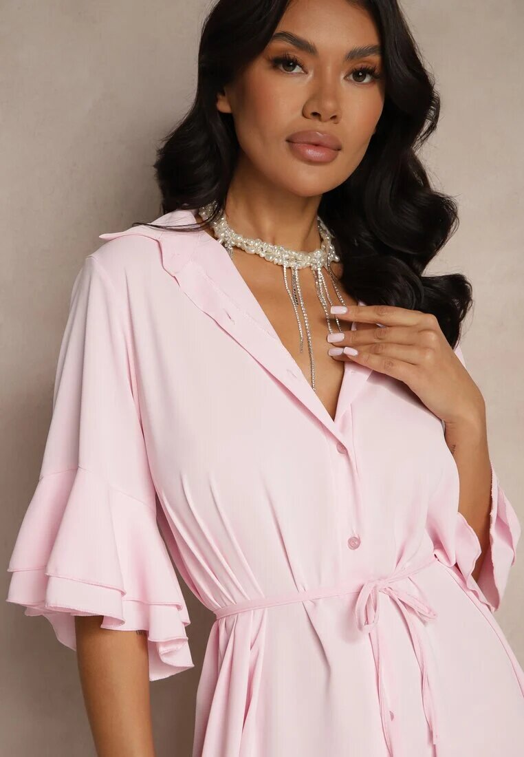 new collection Rochie tip cămașă Roză Decorată cu volan Ransara