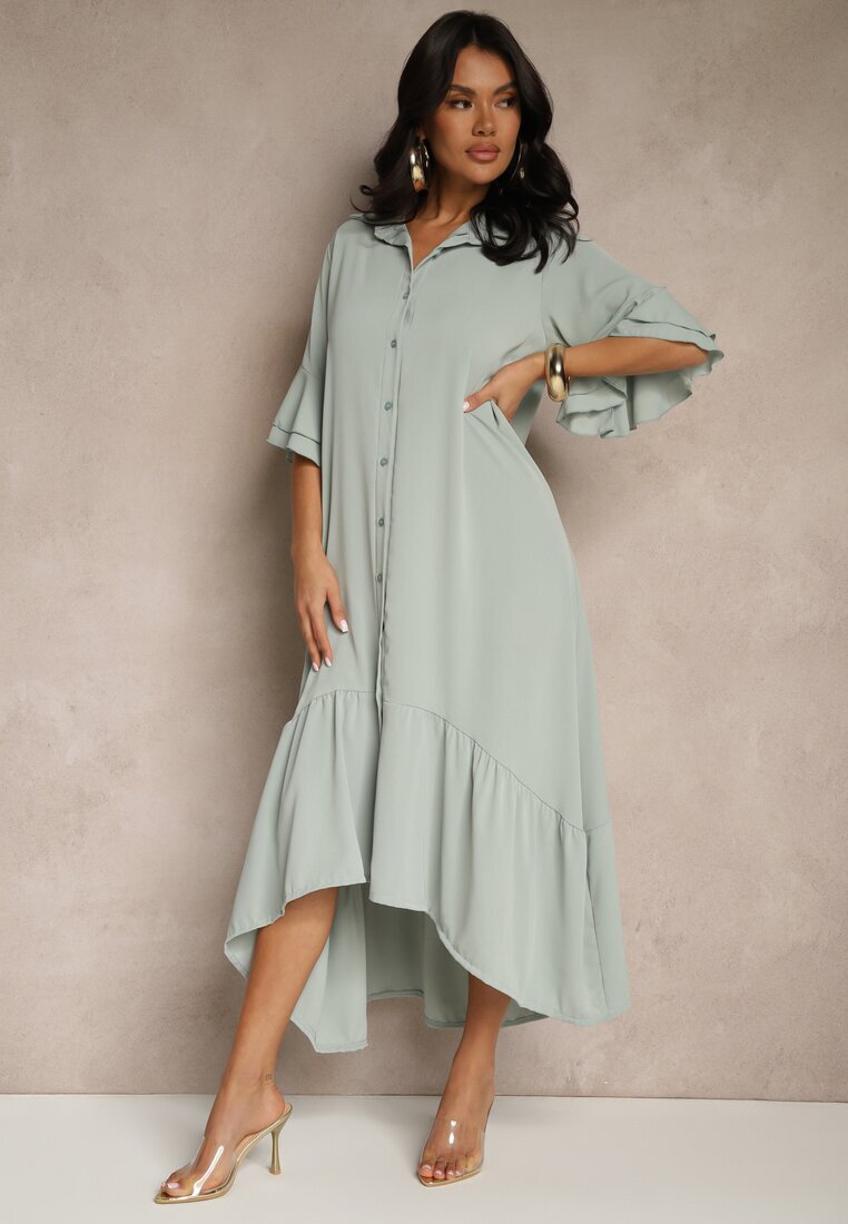 new collection Rochie tip cămașă verde deschis decorată cu volan Ransara