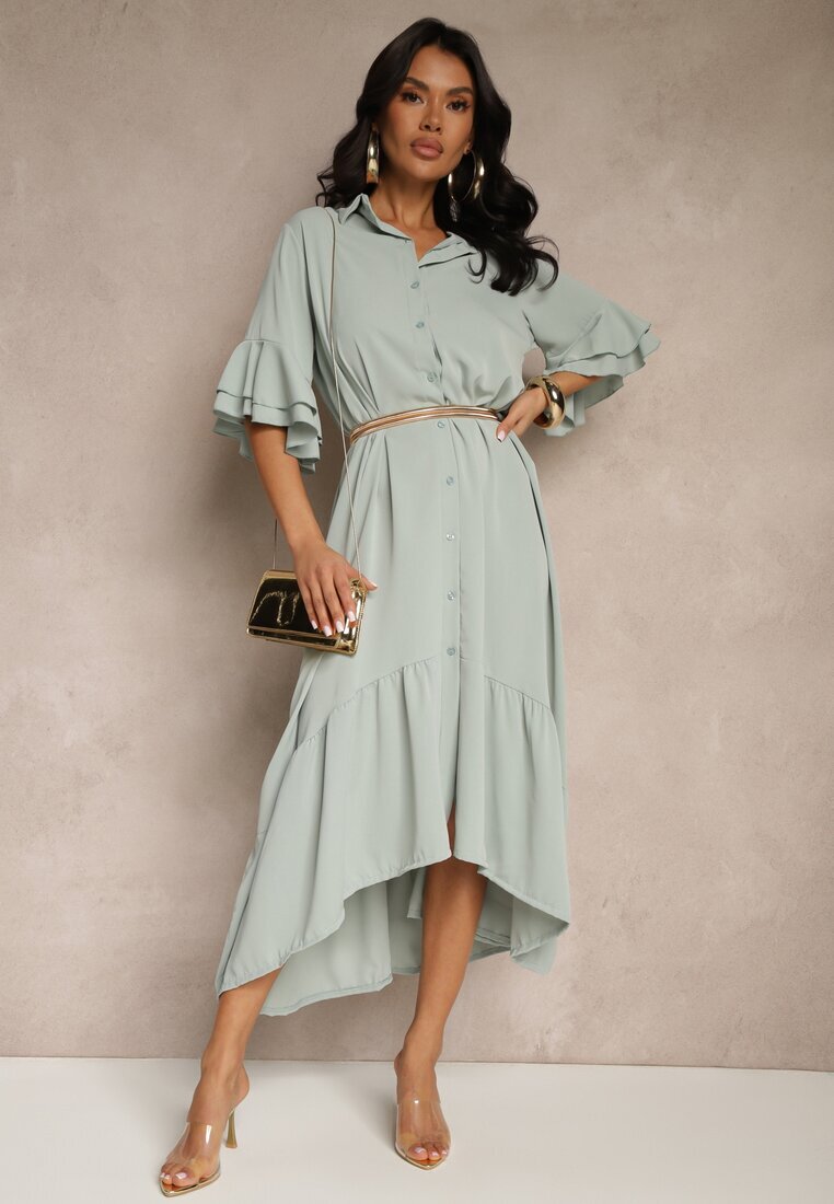 new collection Rochie tip cămașă verde deschis decorată cu volan Ransara