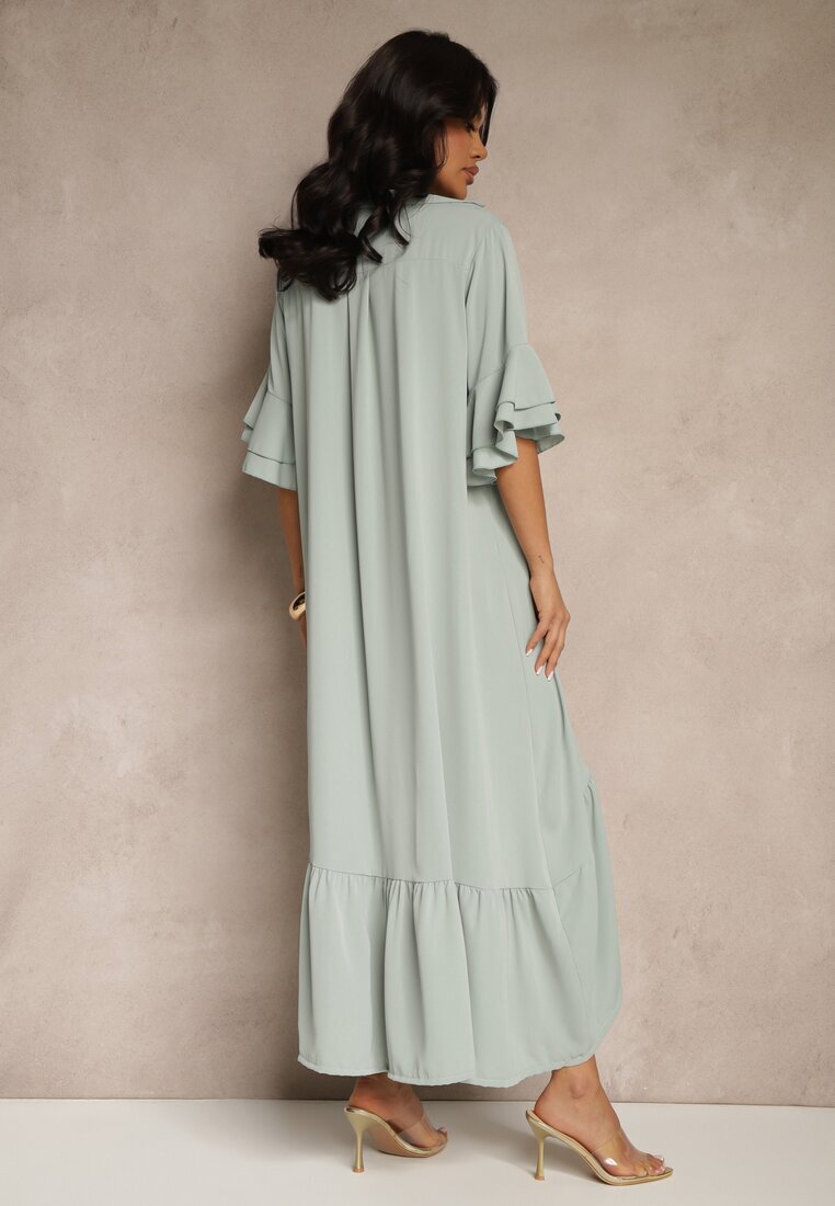 new collection Rochie tip cămașă verde deschis decorată cu volan Ransara