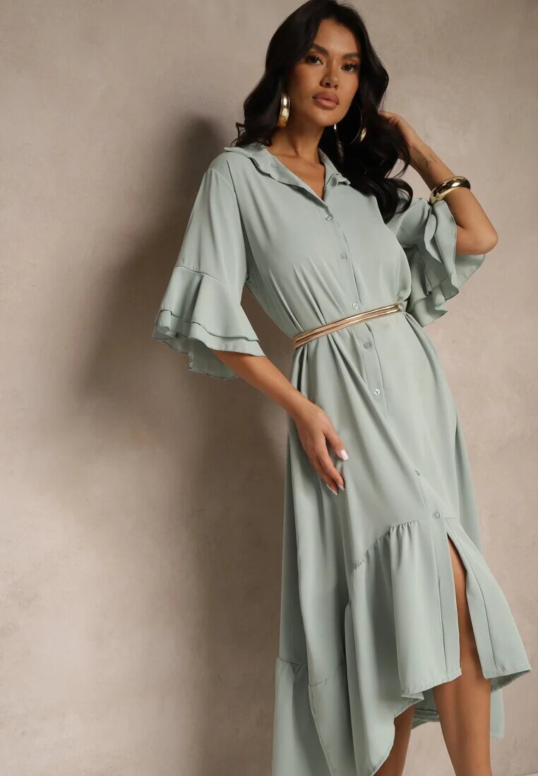 new collection Rochie tip cămașă verde deschis decorată cu volan Ransara