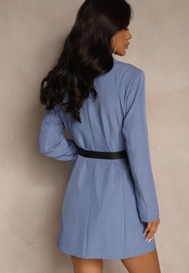 new collection Rochie Tip Sacou Albastru din Viscoză și cu Umeri Structurați cu Dungi Nevarae